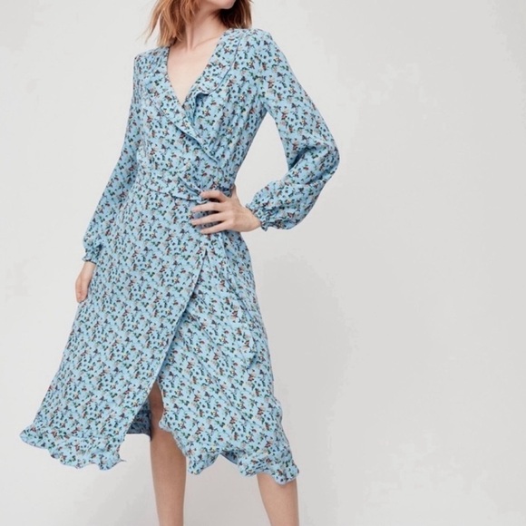 Little Moon Blue Elm Floral Wrap Midi Wrap Women Longsleeves Ruffle Dress Sz XXS - Picture 5 of 16